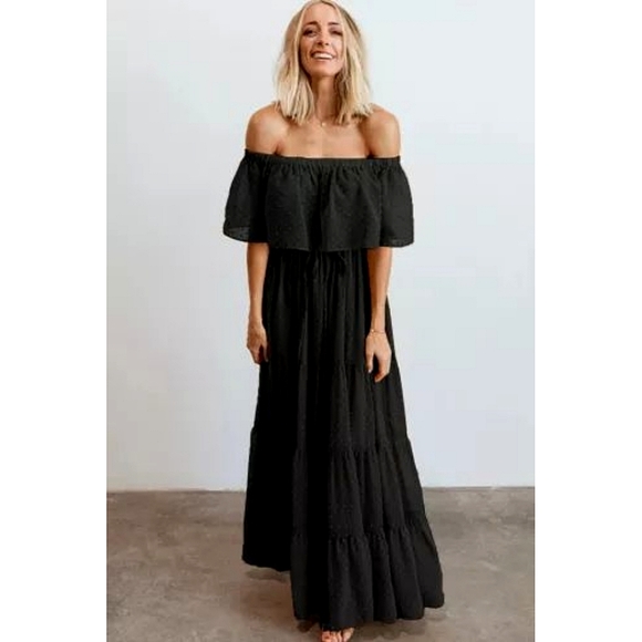 LAST ONE! Black Off The Shoulder Swiss Dot And Ruffle Maxi Dress